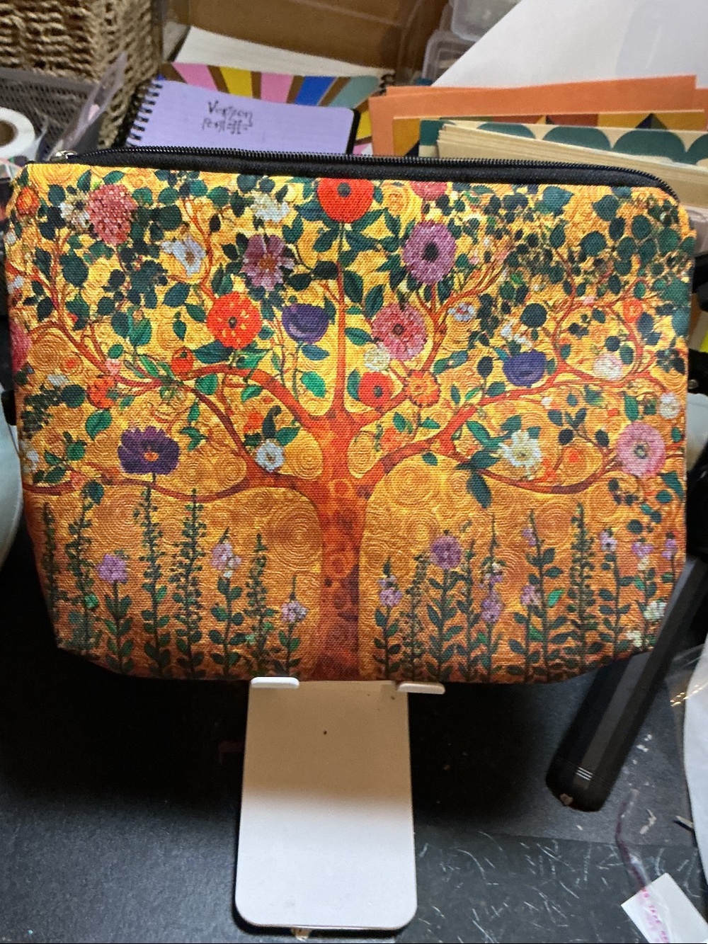 Floral Tree Print Cosmetic Bag - Gold & Multicolor